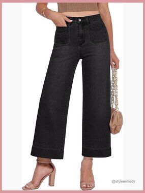 Cropped Wide Leg Jeans High Waisted Stretch Denim Patch Pocket